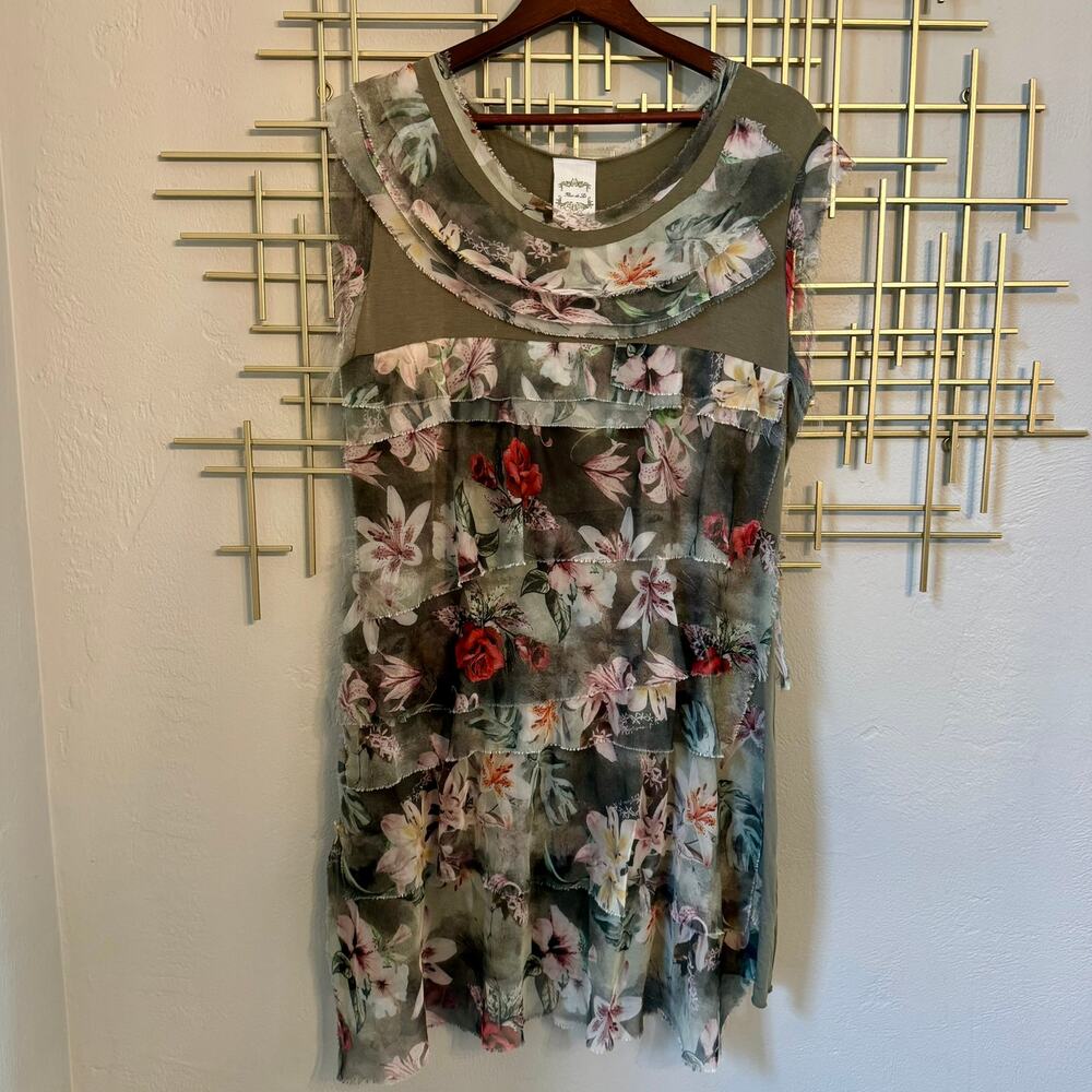 Fleur de Lis Women's XL Floral Layered Mesh Tiered Midi Dress Raw Edge A Line